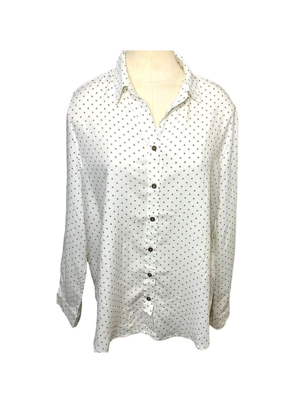 jane & Delancey White Button Down Blouse Brown Micro Dots Sz M Tab Sleeves